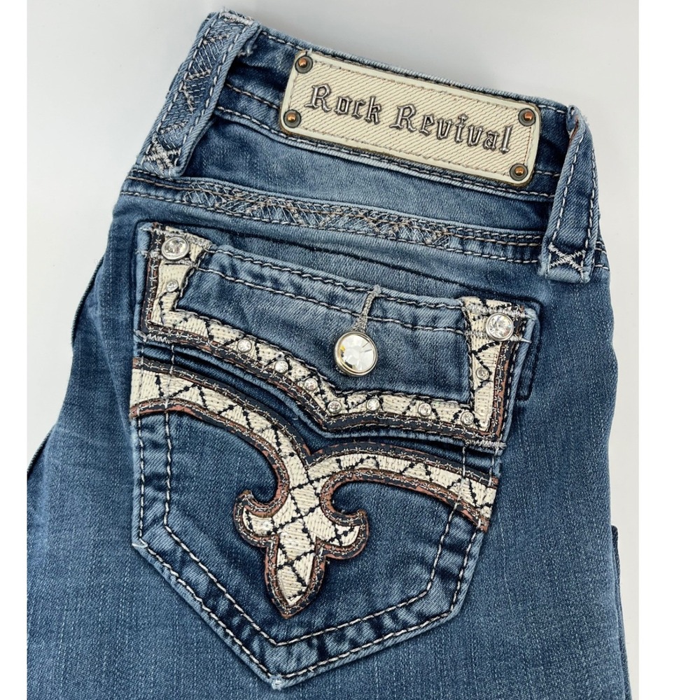 Rock Revival Caress Bootcut Jeans Womens 26 Blue Embellished Flap Pocket Denim